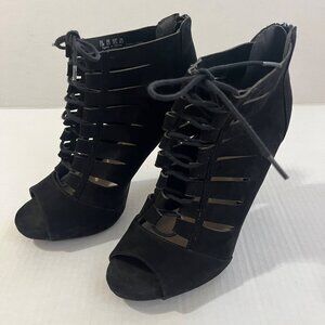 Y2K Lace Up Peep Toe Caged Bootie Sz 7.5 Faux Suede Whimsigoth Holiday Clubwear.